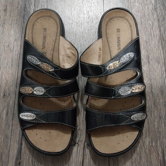 Romika Slide Sandals Women Size 40 Black Velcro Adjustable Straps Leather Slip O - Picture 1 of 7